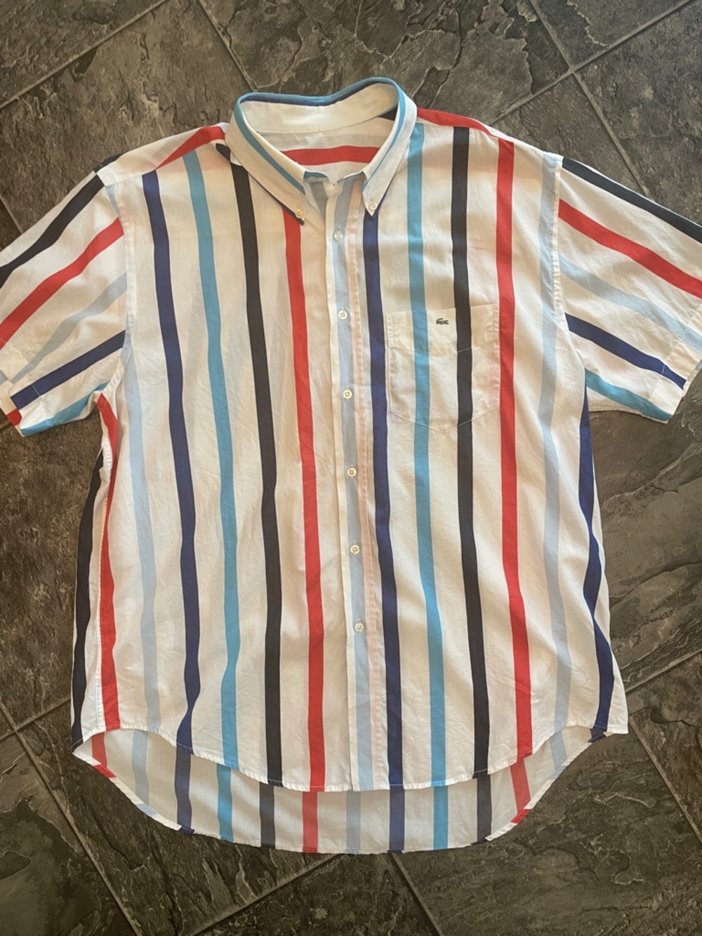 LACOSTE Vintage Preppy Multicolor Vertical Stripe Short-Sleeve Button-Down Shirt